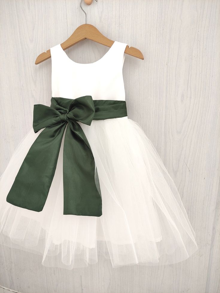 Flower Girl Dress Olive Green White Tulle and Bow Sash Fall Etsy 2